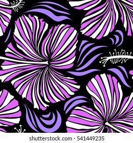 Summer hawaiian with tropical plants and hibiscus flowers in violet and white colors. Vector illustration on a black background.
