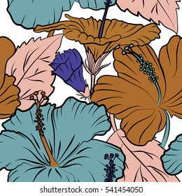 Summer hawaiian with tropical plants and hibiscus flowers in brown and violet colors. Vector illustration on a white background.