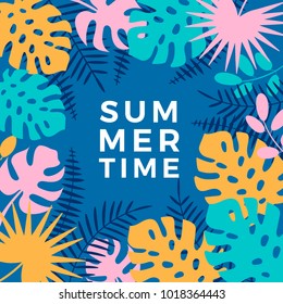 Summer Hawaiian tropical poster with, palm leaves and flowers.