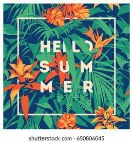 Summer Hawaiian tropical poster with, palm leaves and flowers.