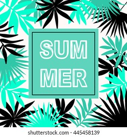 Summer hawaiian typographic flyer design with tropical palm leaves, vector illustration 