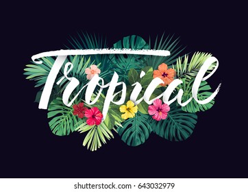 Summer hawaiian vector design for card or flyer with exotic palm leaves, hibiscus flowers and lettering.