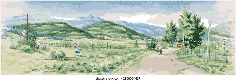 Summer haymaker, Pictures in green, Carpathian. Background, screensaver, banner. Transcarpathia. Artistic presentation, design template. Rural nature, magazine brochure, interior. Vector illustration