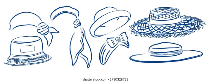 Summer Head Scarf Styles Mediterranean. Hair Wrap Partial, Straw hat, panama, headscarf. Vector  doodle illustration. Isolated on a white background.