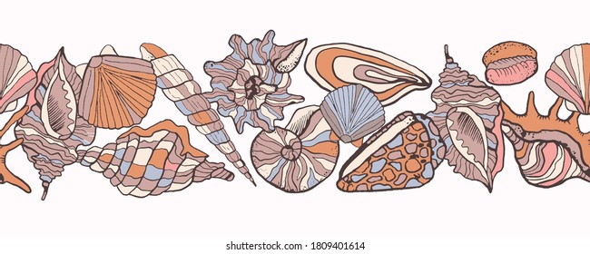 Summer header with seashells on the sand endless border. Sketch hand drawn multicolored seashells of different shapes in cartoon style. Scotch tape design, packaging tape, long surface.