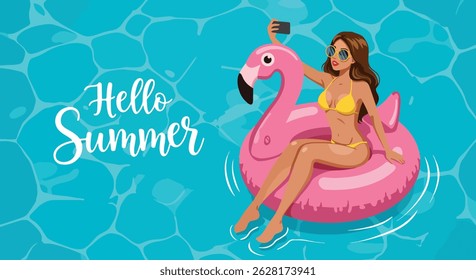 Summer healthy activity: Flat vector illustration of a woman taking a selfie while floating on a flamingo inflatable in a blue pool with "Hello Summer" text. Enjoying summer fun