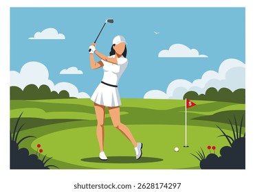 Summer healthy activity: Flat vector illustration of a woman playing golf on a lush green course under a bright sky. Enjoying an active summer sport