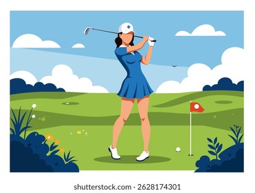 Summer healthy activity: Flat vector illustration of a woman playing golf on a lush green course under a bright sky. Enjoying an active summer sport