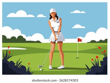 Summer healthy activity: Flat vector illustration of a woman playing golf on a lush green course under a bright sky. Enjoying an active summer sport