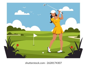 Summer healthy activity: Flat vector illustration of a woman playing golf on a lush green course under a bright sky. Enjoying an active summer sport