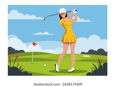 Summer healthy activity: Flat vector illustration of a woman playing golf on a lush green course under a bright sky. Enjoying an active summer sport