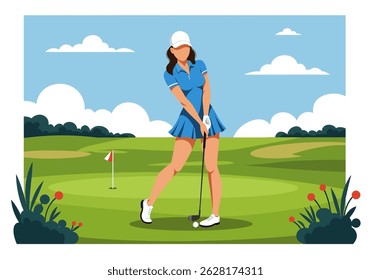 Summer healthy activity: Flat vector illustration of a woman playing golf on a lush green course under a bright sky. Enjoying an active summer sport