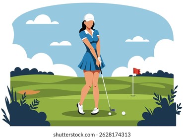 Summer healthy activity: Flat vector illustration of a woman playing golf on a lush green course under a bright sky. Enjoying an active summer sport
