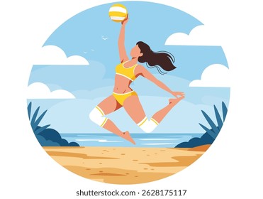 Summer healthy activity: Flat vector illustration of a woman playing beach volleyball on a sunny beach. Active summer beach sport