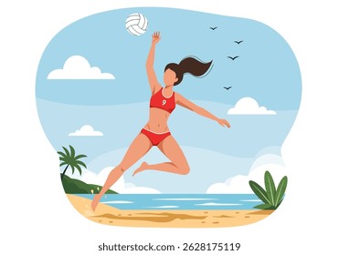 Summer healthy activity: Flat vector illustration of a woman playing beach volleyball on a sunny beach. Active summer beach sport