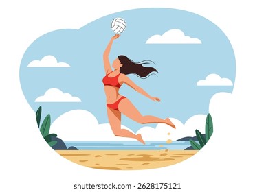 Summer healthy activity: Flat vector illustration of a woman playing beach volleyball on a sunny beach. Active summer beach sport