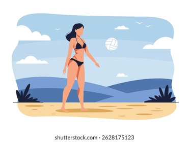 Summer healthy activity: Flat vector illustration of a woman playing beach volleyball on a sunny beach. Active summer beach sport