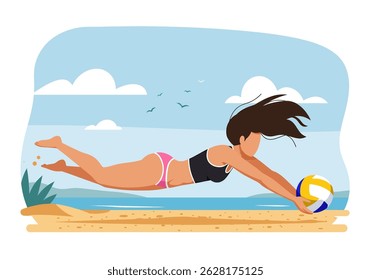 Summer healthy activity: Flat vector illustration of a woman playing beach volleyball on a sunny beach. Active summer beach sport