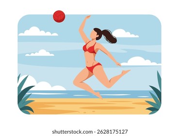 Summer healthy activity: Flat vector illustration of a woman playing beach volleyball on a sunny beach. Active summer beach sport