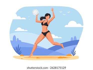 Summer healthy activity: Flat vector illustration of a woman playing beach volleyball on a sunny beach. Active summer beach sport