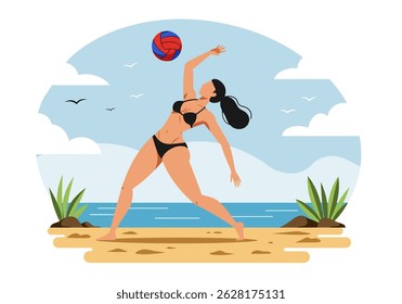 Summer healthy activity: Flat vector illustration of a woman playing beach volleyball on a sunny beach. Active summer beach sport