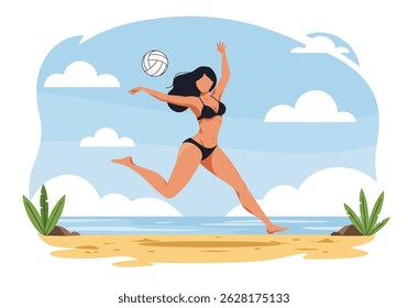 Summer healthy activity: Flat vector illustration of a woman playing beach volleyball on a sunny beach. Active summer beach sport