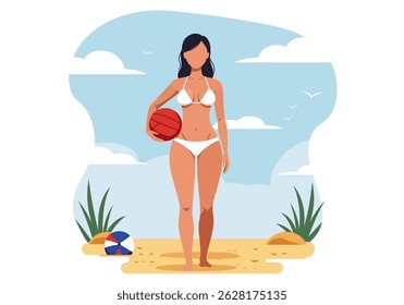 Summer healthy activity: Flat vector illustration of a woman playing beach volleyball on a sunny beach. Active summer beach sport
