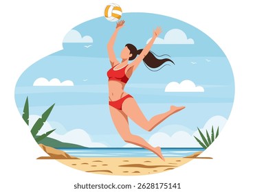 Summer healthy activity: Flat vector illustration of a woman playing beach volleyball on a sunny beach. Active summer beach sport