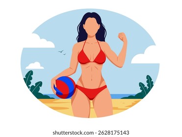 Summer healthy activity: Flat vector illustration of a woman playing beach volleyball on a sunny beach. Active summer beach sport