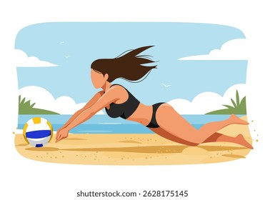 Summer healthy activity: Flat vector illustration of a woman playing beach volleyball on a sunny beach. Active summer beach sport
