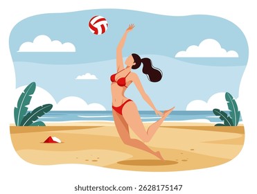 Summer healthy activity: Flat vector illustration of a woman playing beach volleyball on a sunny beach. Active summer beach sport
