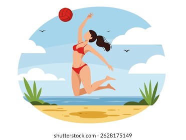 Summer healthy activity: Flat vector illustration of a woman playing beach volleyball on a sunny beach. Active summer beach sport
