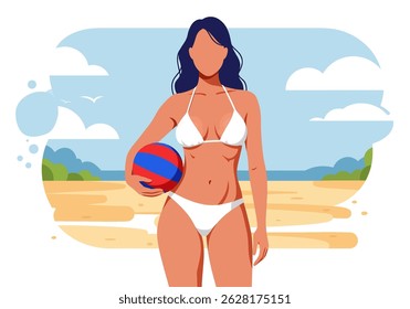 Summer healthy activity: Flat vector illustration of a woman playing beach volleyball on a sunny beach. Active summer beach sport