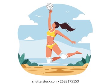 Summer healthy activity: Flat vector illustration of a woman playing beach volleyball on a sunny beach. Active summer beach sport
