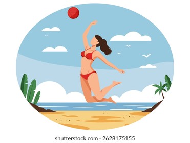 Summer healthy activity: Flat vector illustration of a woman playing beach volleyball on a sunny beach. Active summer beach sport