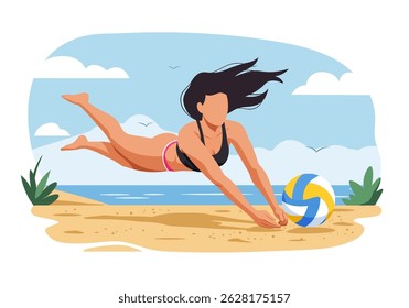 Summer healthy activity: Flat vector illustration of a woman playing beach volleyball on a sunny beach. Active summer beach sport