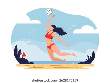 Summer healthy activity: Flat vector illustration of a woman playing beach volleyball on a sunny beach. Active summer beach sport
