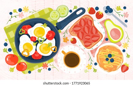 Summer healthy Breakfast - eggs, vegetables, pancakes, coffee, avocado, toast, jam, tomatoes, berries. Hand drawn illustration of a brunch with traditional food on a wooden table. Fresh farm products