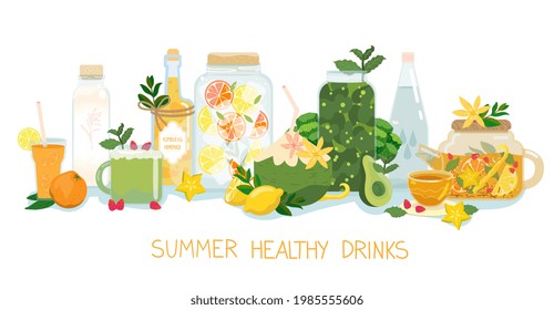 Summer Healthy Drinks Set. Vector Beverage Banner. Elements Collection Isolated On White. For Detox, Vegan, Vegetarian, Keto Diet. Herbal Tea, Green Smoothie, Juice, Plant Milk, Coconut, Kombucha