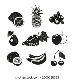 Summer healthy fruit food icon collection. Set of black beautiful different fruits and berries silhouettes. Vector illustration.