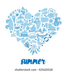 Summer heart design made of doodle season icons.  Doodle travel vacation icons arranged in heart shape