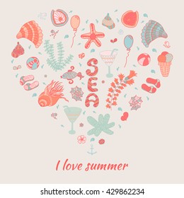 Summer heart design made of doodle season icons. Summer card with heart shape. Doodle travel vacation icons arranged in heart shape