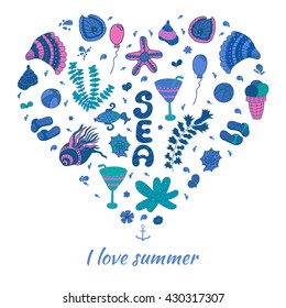 Summer heart design made of doodle season icons. Summer card with heart shape. Doodle travel vacation icons arranged in heart shape