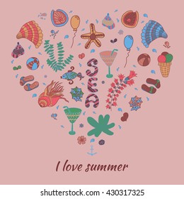 Summer heart design made of doodle season icons. Summer card with heart shape. Doodle travel vacation icons arranged in heart shape