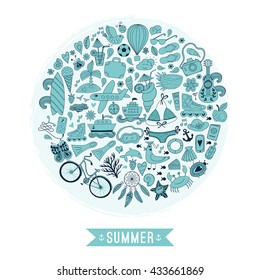 Summer heart design made of doodle season icons. Doodle travel vacation icons arranged in circle round shape