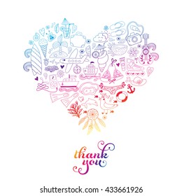 Summer heart design made of doodle season icons. Doodle travel vacation icons arranged in heart shape