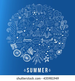 Summer heart design made of doodle season icons. Doodle travel vacation icons arranged in circle round shape