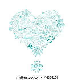 Summer heart design made of doodle season icons.  Doodle travel vacation icons arranged in heart shape