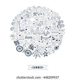 Summer heart design made of doodle season icons. Doodle travel vacation icons arranged in circle round shape