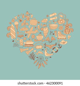 Summer heart design made of doodle season icons. Travel vacation icons arranged in heart shape